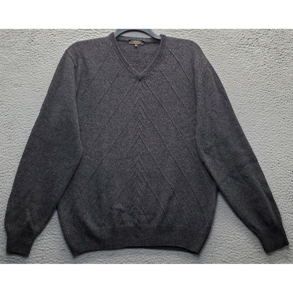 Canali Sweater Mens XXL (56) Black Alpaca Wool Blend Long Sleeve V-Neck Pullover